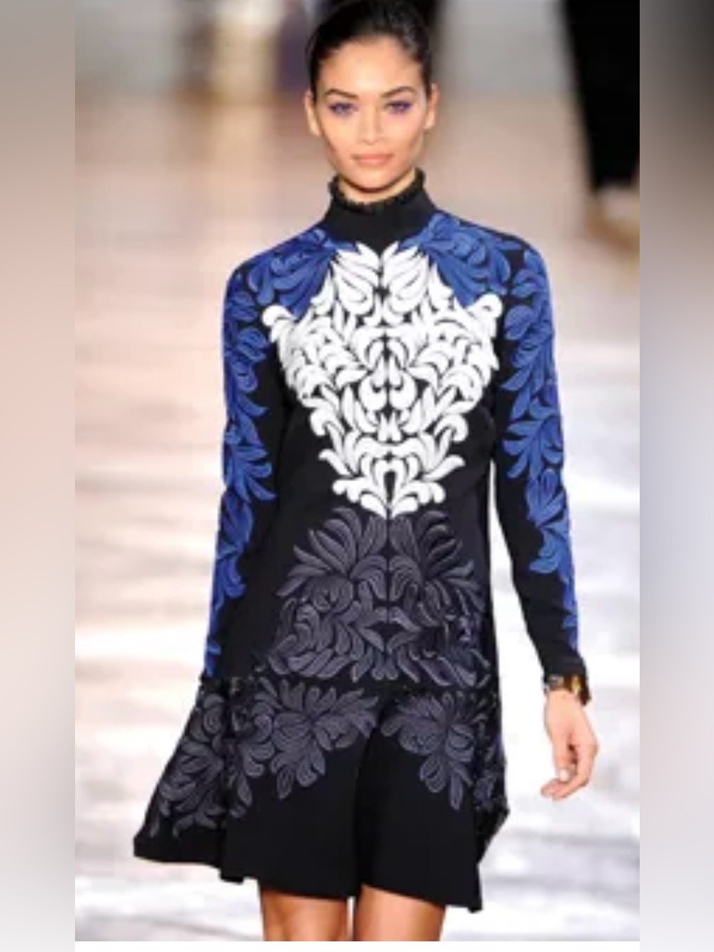 Stella McCartney Blue, Black and White Long-Sleeve Embroidered  Runway Dress